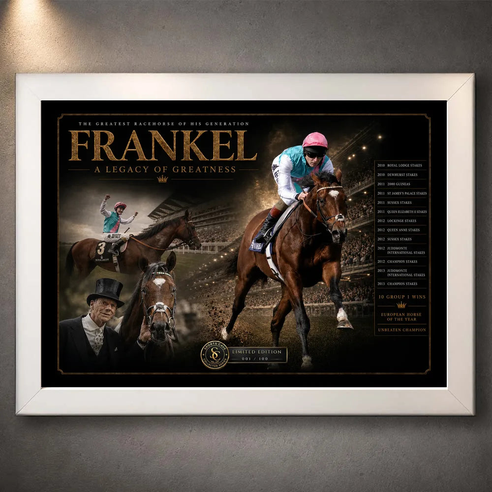 Frankel horse racing wall art in a white frame, featuring the unbeaten champion in a dark collector-style racing composition.
