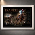 Frankel horse racing wall art in a white frame, featuring the unbeaten champion in a dark collector-style racing composition.