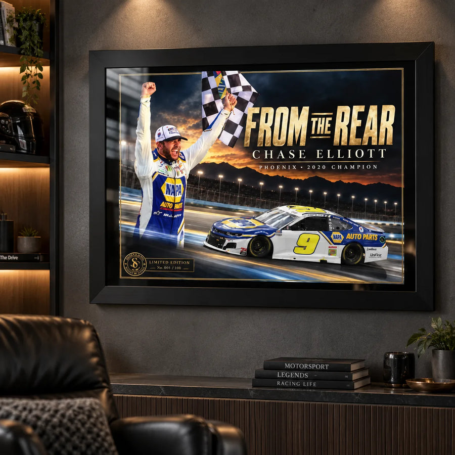 Chase Elliott NASCAR wall art displayed in a dark motorsport-inspired man cave setting.