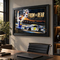 Chase Elliott wall art displayed in a modern office with a black frame and racing collector styling.