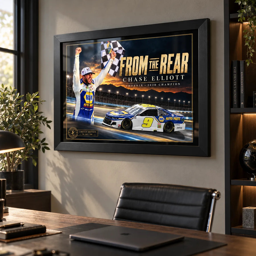 Chase Elliott wall art displayed in a modern office with a black frame and racing collector styling.