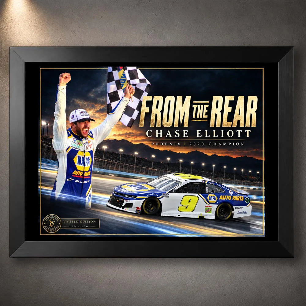 Black framed Chase Elliott NASCAR wall art featuring the From The Rear collector design.