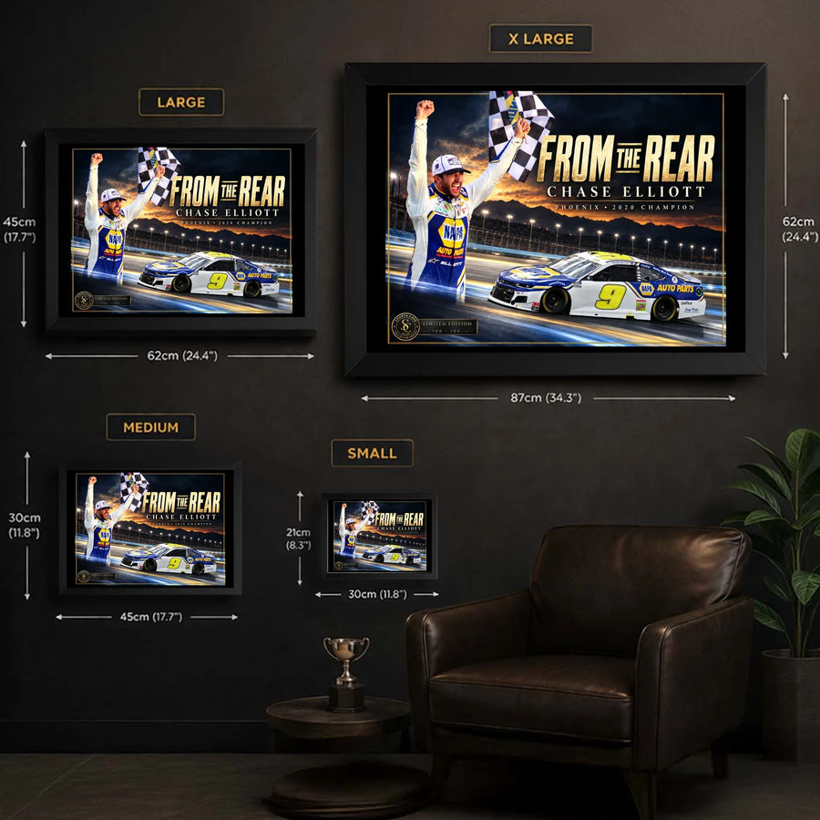 Chase Elliott wall art sizing guide with framed dimensions.