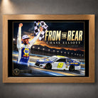 Oak framed Chase Elliott NASCAR wall art featuring the From The Rear racing collector design.