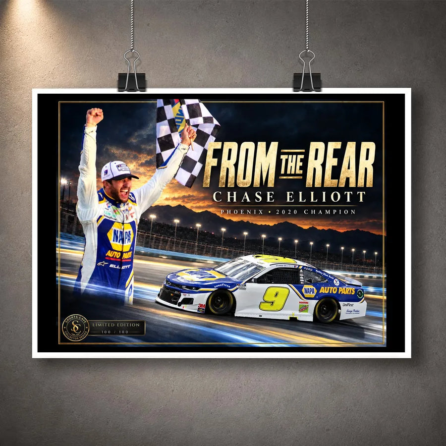 Unframed Chase Elliott NASCAR wall art showing the From The Rear racing collector design.