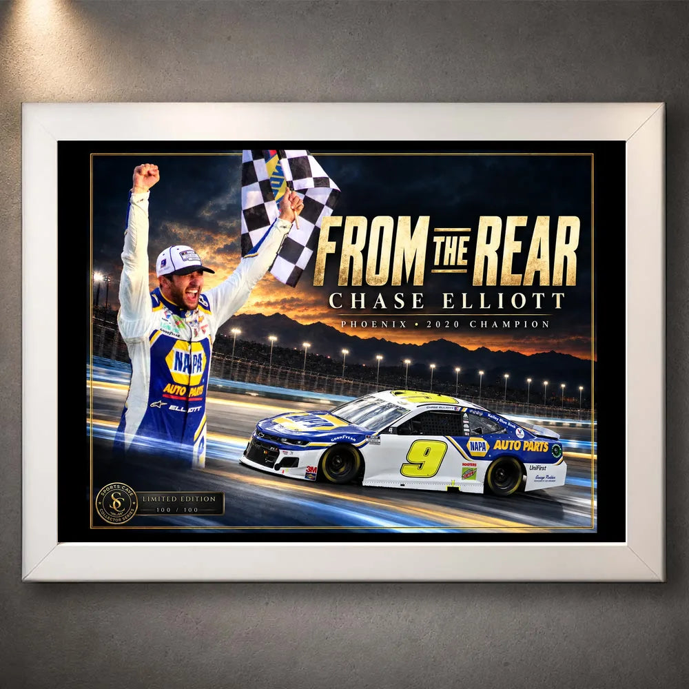 White framed Chase Elliott NASCAR wall art featuring the From The Rear racing collector design.