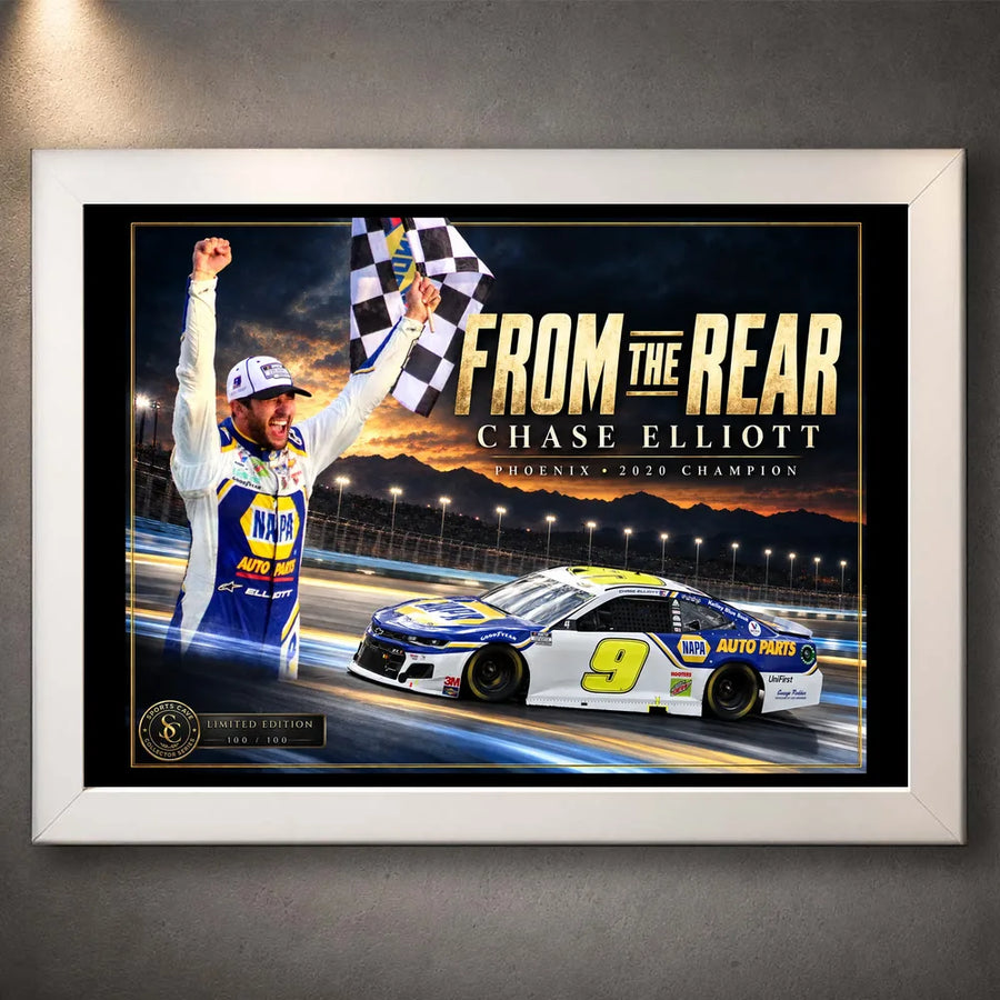 White framed Chase Elliott NASCAR wall art featuring the From The Rear racing collector design.
