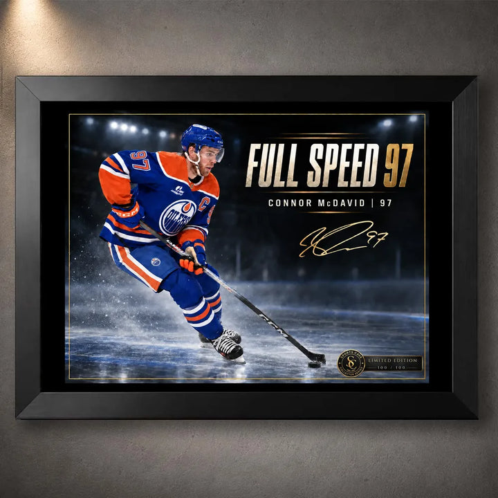 Black framed Full Speed 97 Connor McDavid hockey wall art with blue and orange ice-action artwork.