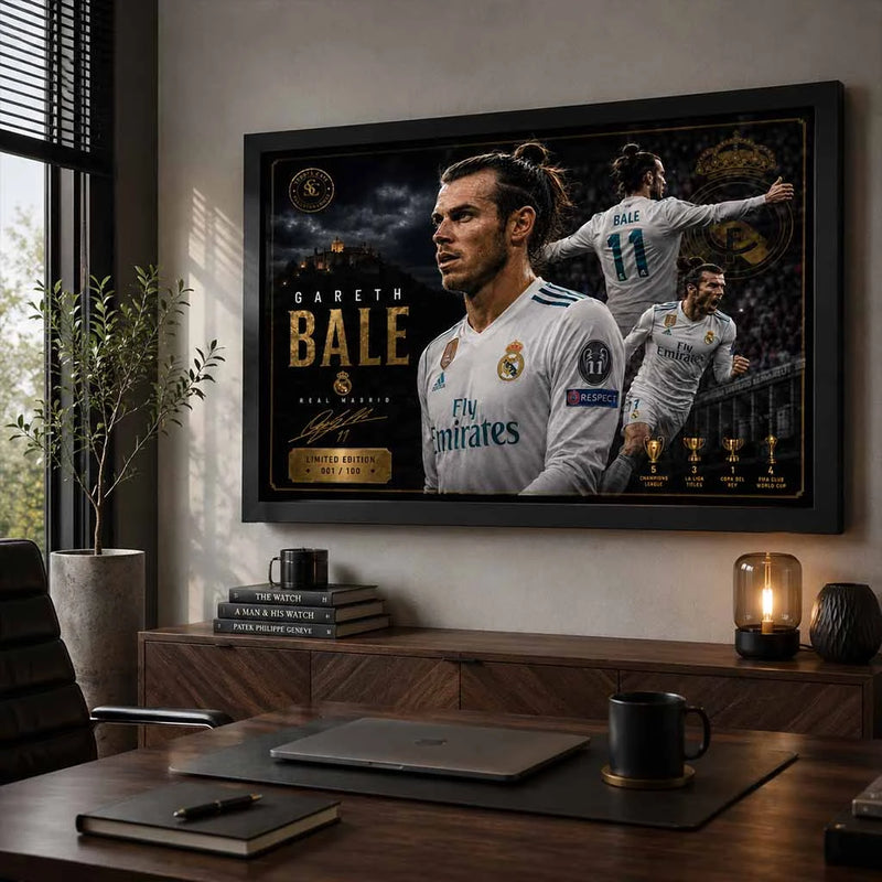 Premium Gareth Bale sports wall art showcased in a modern office inspired by Real Madrid football history.