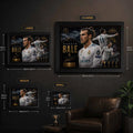 Gareth Bale framed sports memorabilia size guide showing multiple wall art sizes for Real Madrid fans.