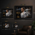 Gareth Bale framed sports memorabilia size guide showing multiple wall art sizes for Real Madrid fans.