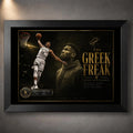 Giannis Antetokounmpo Greek Freak NBA wall art in a black frame with dark gold collector-style design.