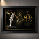 Giannis Antetokounmpo Greek Freak NBA wall art in a black frame with dark gold collector-style design.