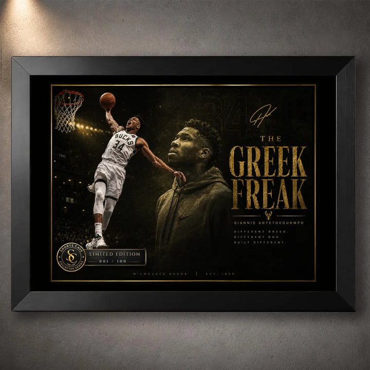 Giannis Antetokounmpo Greek Freak NBA wall art in a black frame with dark gold collector-style design.