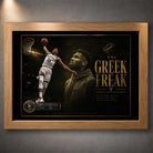 Giannis Antetokounmpo Greek Freak NBA wall art shown in an oak frame against a grey wall.