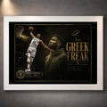 Giannis Antetokounmpo Greek Freak basketball wall art shown in a white frame against a grey wall.