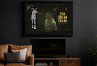 Giannis Antetokounmpo black framed NBA sports wall art displayed in modern man cave decor setup, collector print.