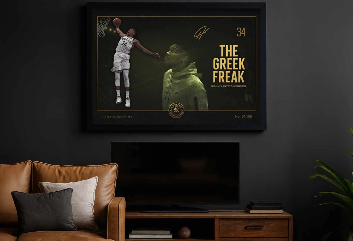Giannis Antetokounmpo black framed NBA sports wall art displayed in modern man cave decor setup, collector print.