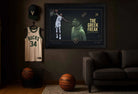 Giannis Antetokounmpo “The Greek Freak” framed NBA sports wall art in an NBA fans room, black frame sports wall decor.