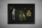 Giannis Antetokounmpo “The Greek Freak” limited edition NBA sports wall art in black frame.