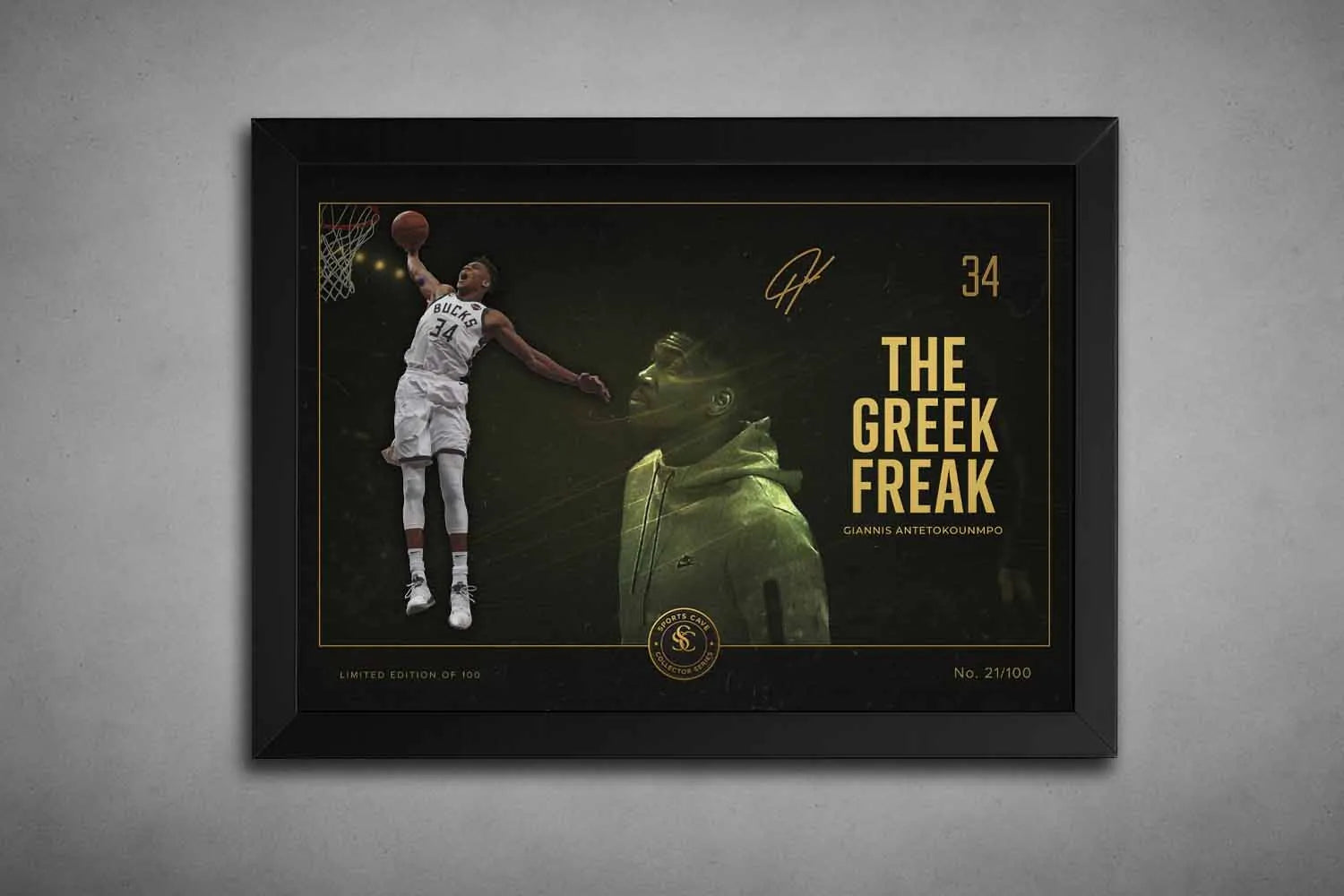 Giannis Antetokounmpo “The Greek Freak” limited edition NBA sports wall art in black frame.