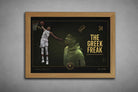 Giannis Antetokounmpo limited edition NBA wall art in oak frame, landscape framed sports print for basketball fans.