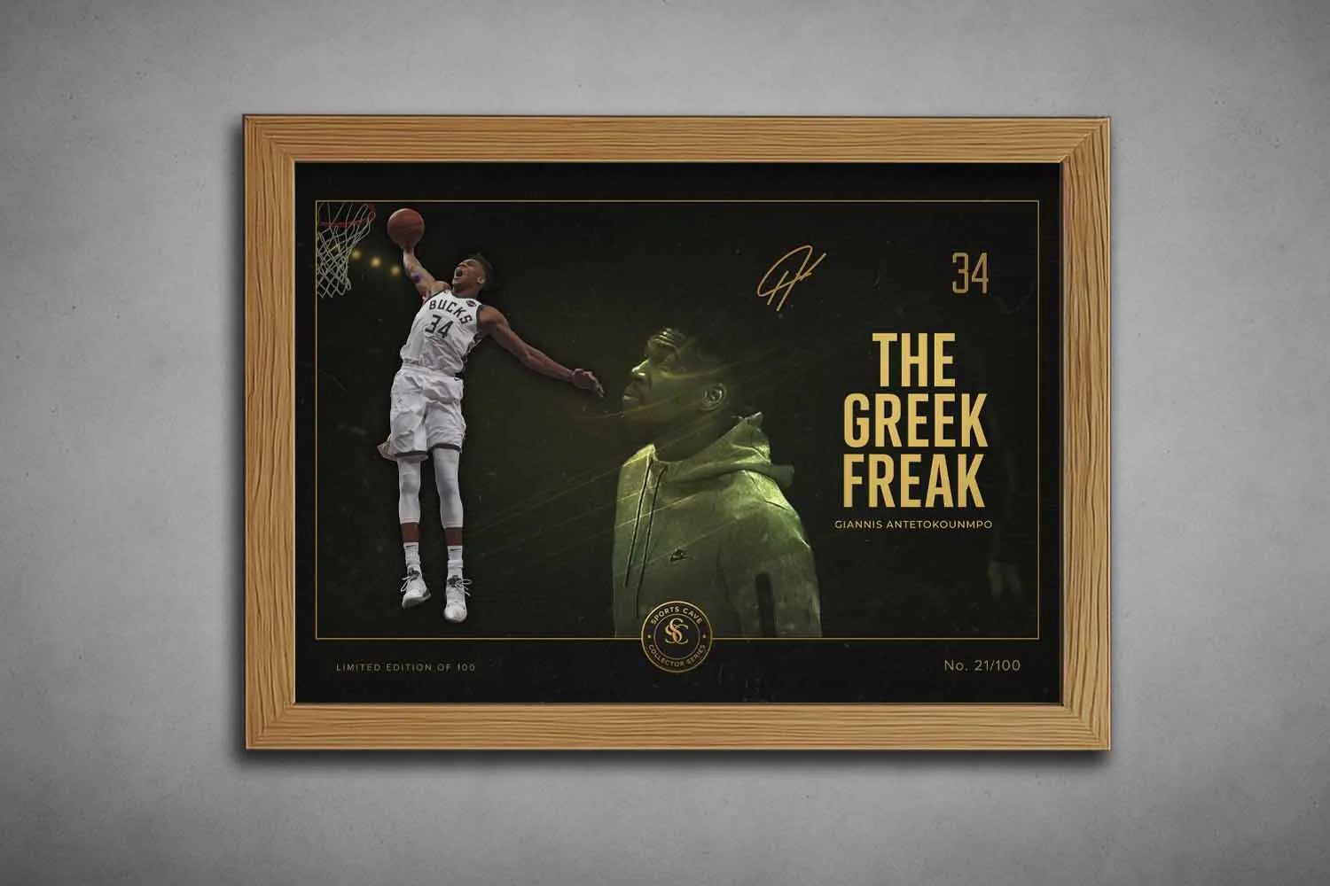 Giannis Antetokounmpo limited edition NBA wall art in oak frame, landscape framed sports print for basketball fans.