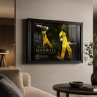 Glen Maxwell cricket wall art in a black frame displayed in a refined modern living room with warm neutral styling.