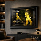Glen Maxwell framed cricket wall art displayed in a dark premium man cave with shelving and warm feature lighting.