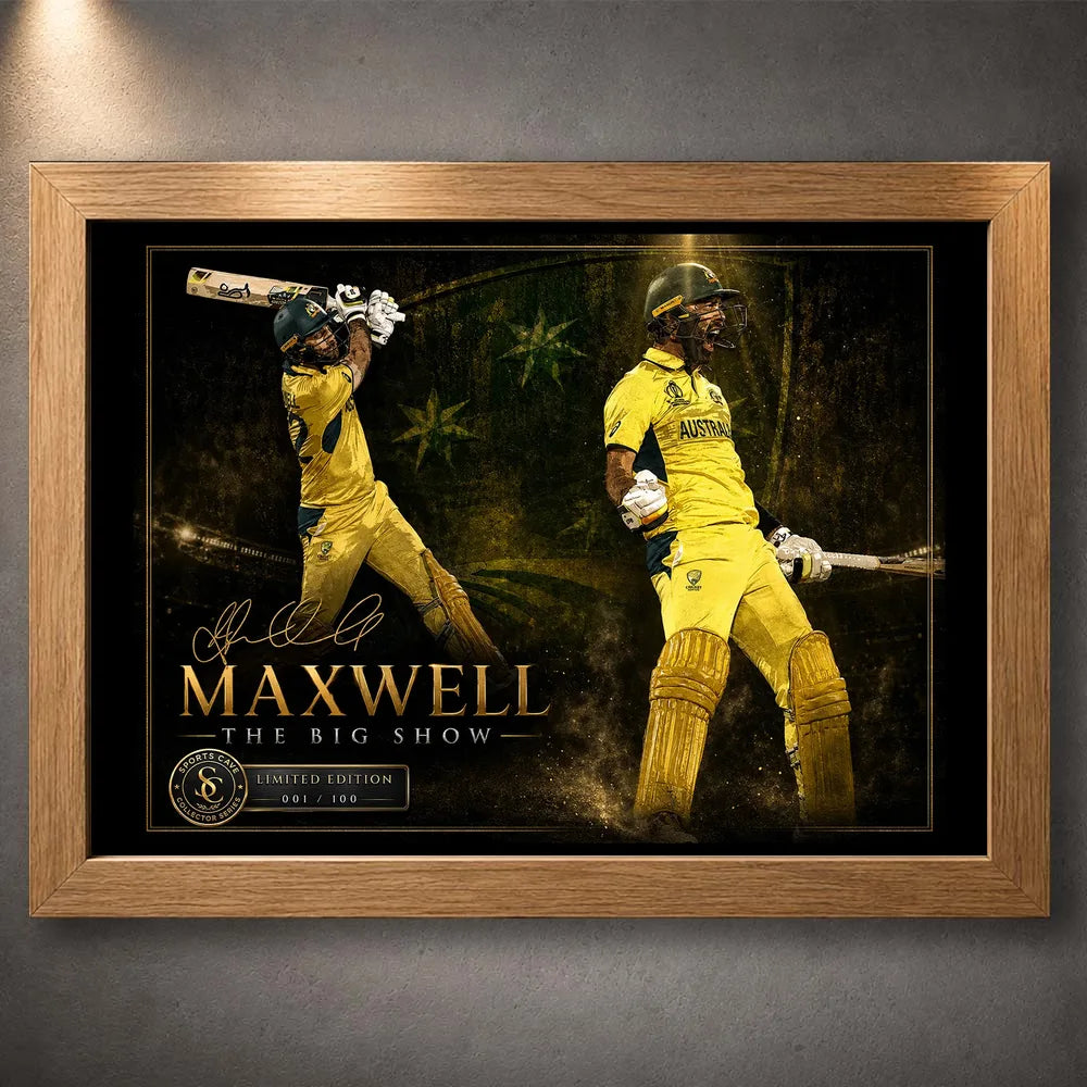 Glen Maxwell The Big Show cricket wall art shown front-on in a natural oak frame with limited edition details.