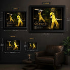 Glen Maxwell framed cricket wall art size guide comparing small, medium, large and extra-large dimensions.