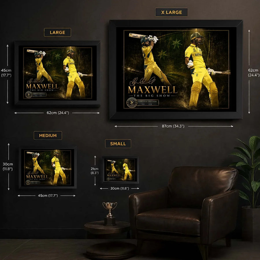 Glen Maxwell framed cricket wall art size guide comparing small, medium, large and extra-large dimensions.