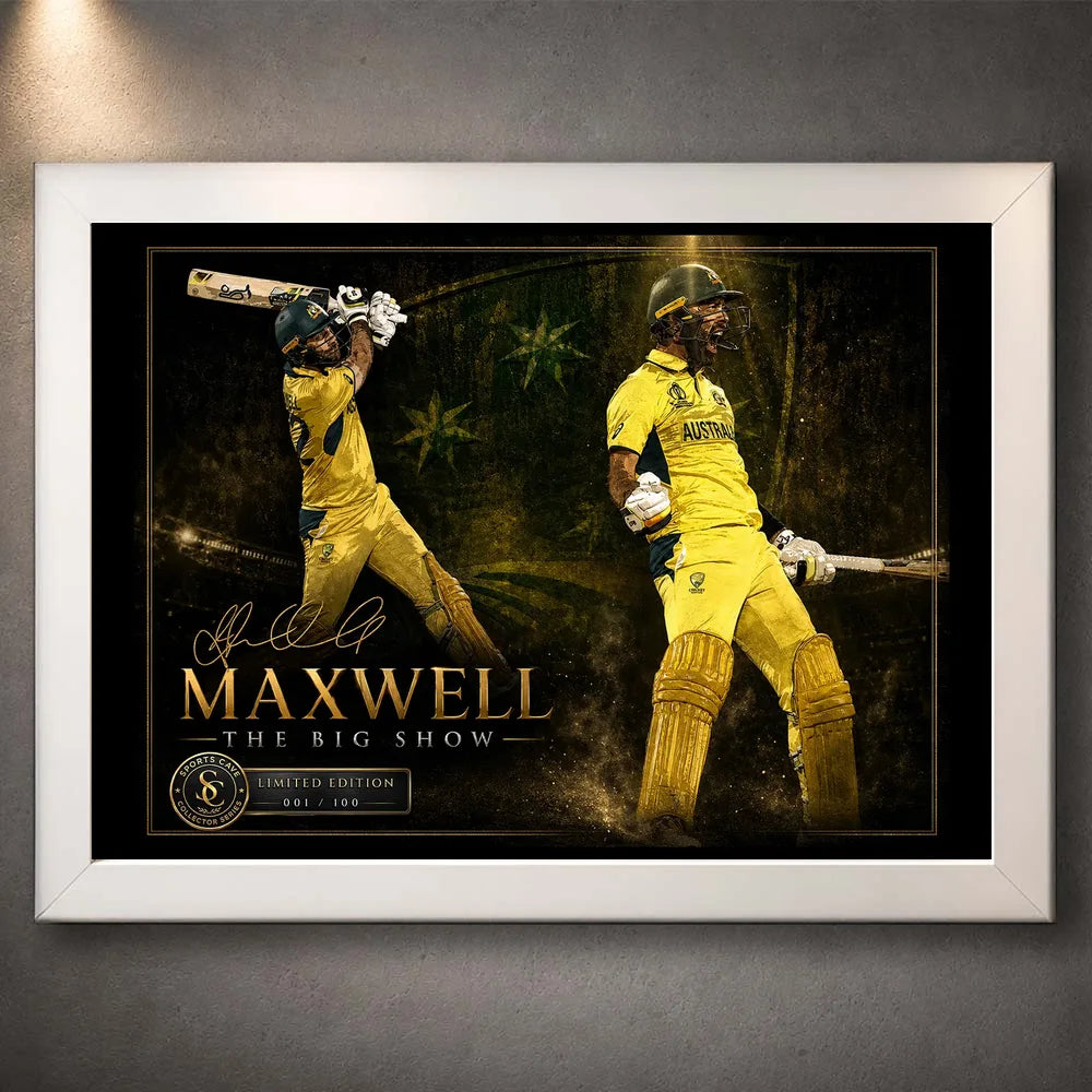 Glen Maxwell The Big Show cricket wall art shown front-on in a clean white frame with limited edition details.