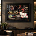 Dale and Ned Jarrett Go Baby Go NASCAR wall art displayed in a dark motorsport-inspired man cave setting.