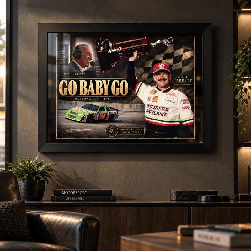 Dale and Ned Jarrett Go Baby Go NASCAR wall art displayed in a dark motorsport-inspired man cave setting.