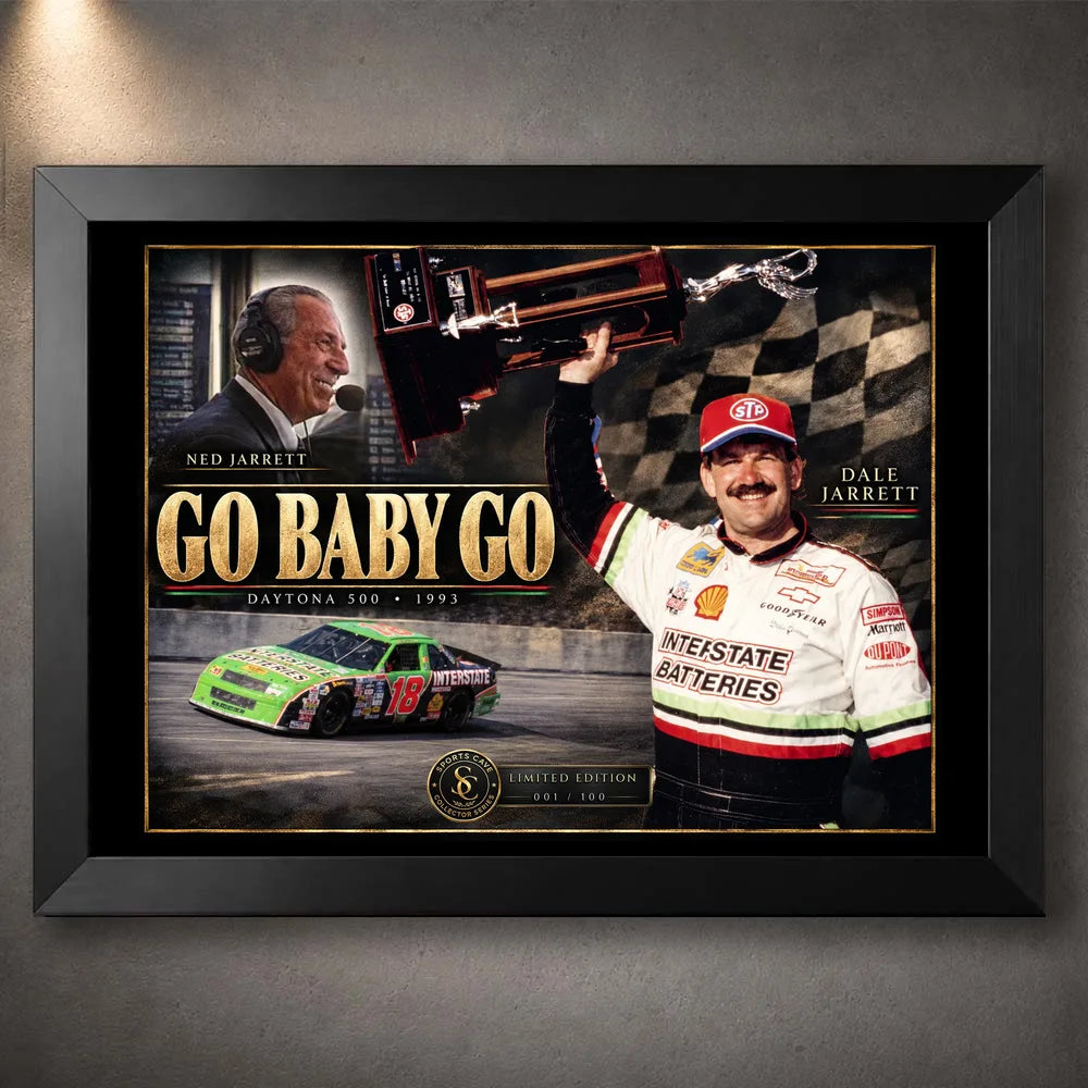 Black framed Dale and Ned Jarrett Go Baby Go NASCAR wall art featuring the 1993 Daytona 500 tribute design.