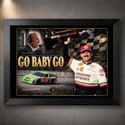 Black framed Dale and Ned Jarrett Go Baby Go NASCAR wall art featuring the 1993 Daytona 500 tribute design.