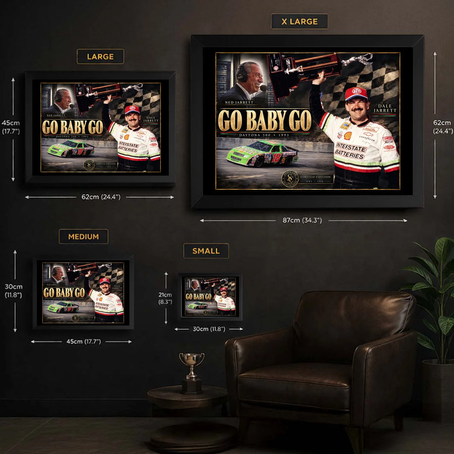Dale and Ned Jarrett Go Baby Go wall art size guide showing Small, Medium, Large and XL framed dimensions.
