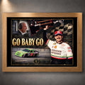 Oak framed Dale and Ned Jarrett Go Baby Go NASCAR wall art for a motorsport collector display.