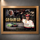 Oak framed Dale and Ned Jarrett Go Baby Go NASCAR wall art for a motorsport collector display.