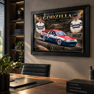 Jim Richards and Mark Skaife Godzilla wall art displayed in a modern office setting with a black frame.