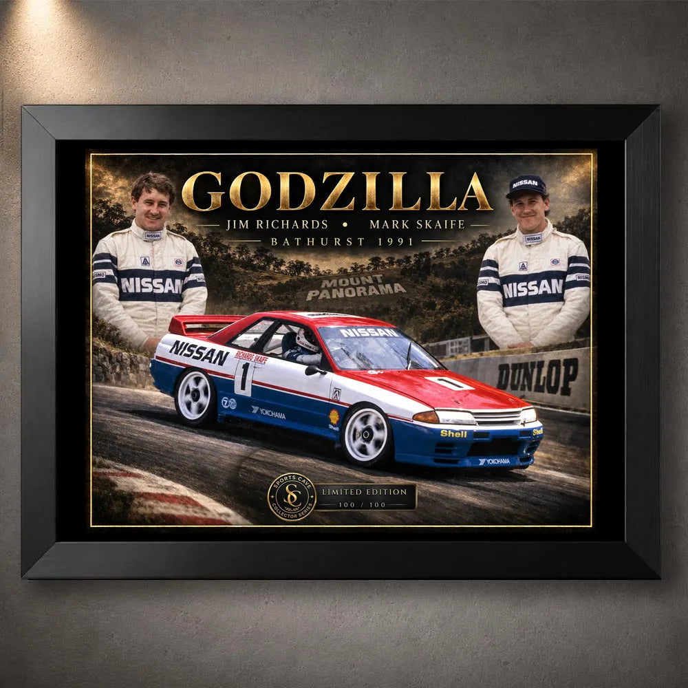 Black framed Jim Richards and Mark Skaife Godzilla motorsport wall art featuring the Nissan Skyline GT-R at Bathurst.