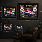 Jim Richards and Mark Skaife Godzilla wall art size guide showing Small, Medium, Large and X Large framed dimensions.