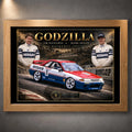 Oak framed Jim Richards and Mark Skaife Godzilla motorsport wall art featuring the Nissan Skyline GT-R design.