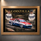 Oak framed Jim Richards and Mark Skaife Godzilla motorsport wall art featuring the Nissan Skyline GT-R design.