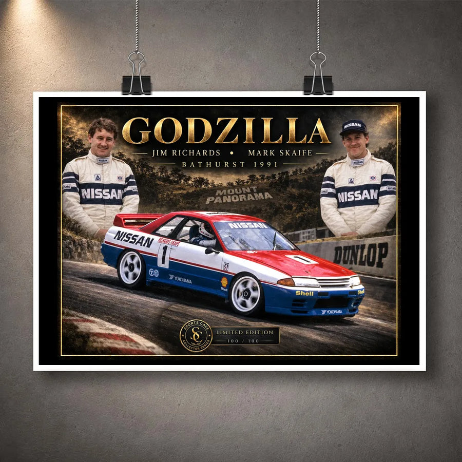 Unframed Jim Richards and Mark Skaife Godzilla motorsport wall art featuring the Nissan Skyline GT-R design.