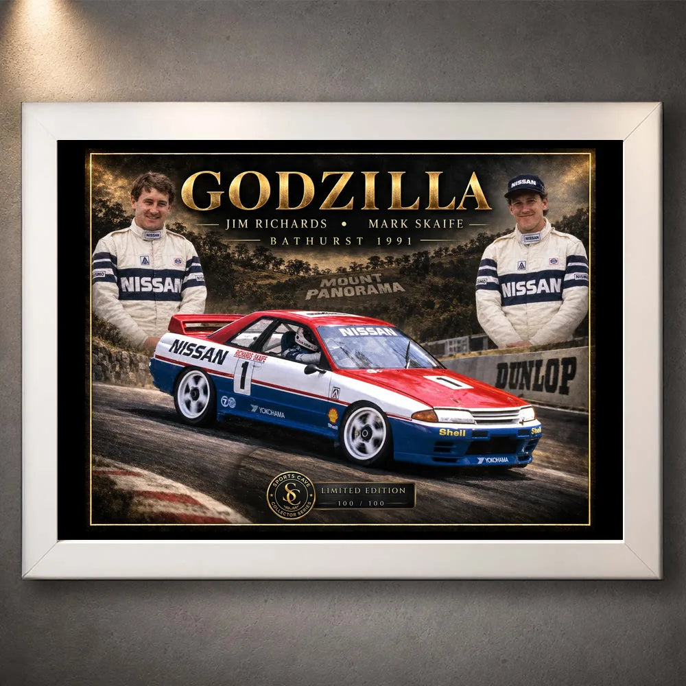White framed Jim Richards and Mark Skaife Godzilla motorsport wall art featuring the Nissan Skyline GT-R design.