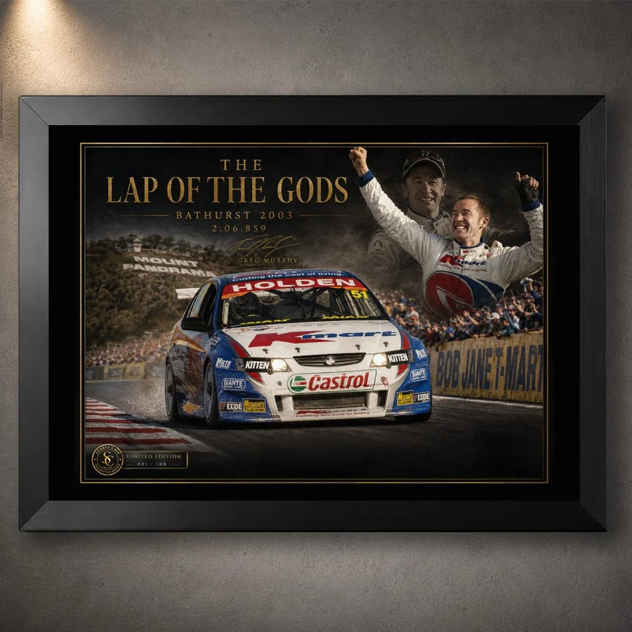 Black framed Greg Murphy Bathurst wall art celebrating the Lap of the Gods for Australian motorsport fans.