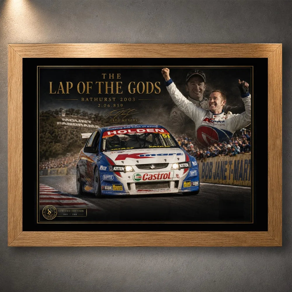 Oak framed Greg Murphy Bathurst wall art with collector styling for fans of Australian motor racing history.