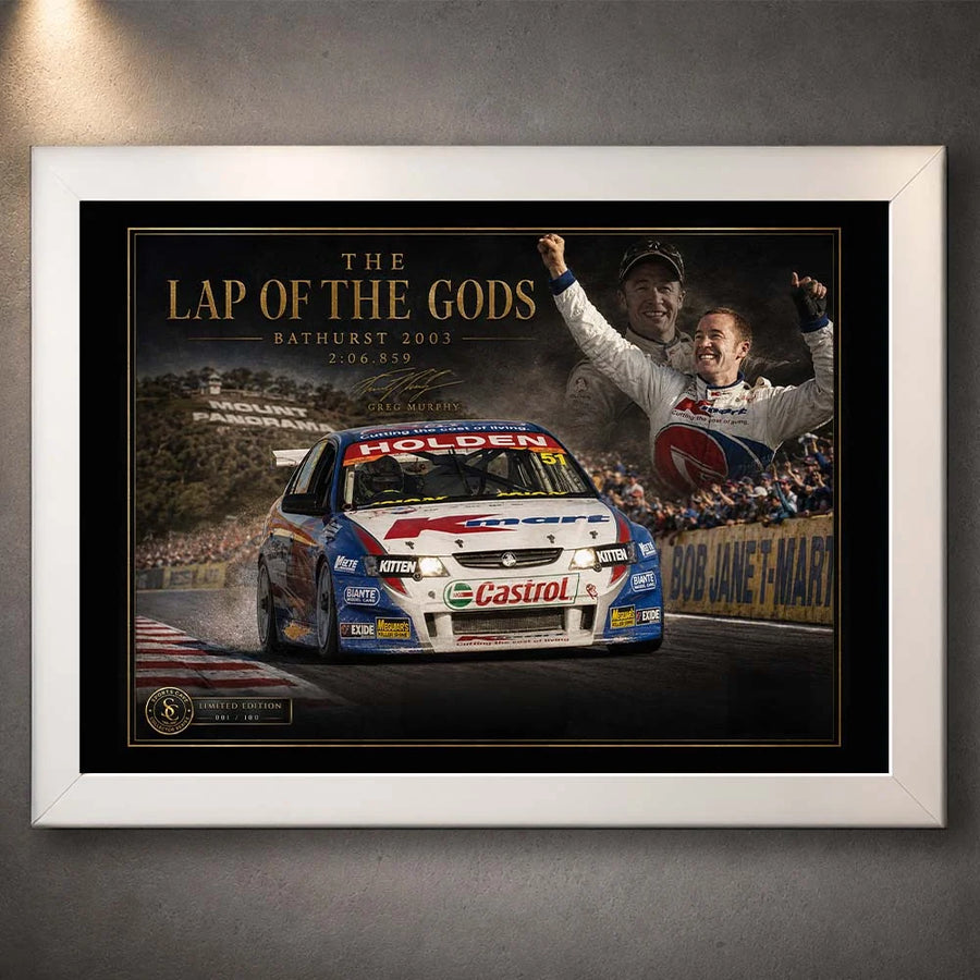 White framed Greg Murphy Bathurst wall art featuring the Lap of the Gods moment for motorsport collectors.
